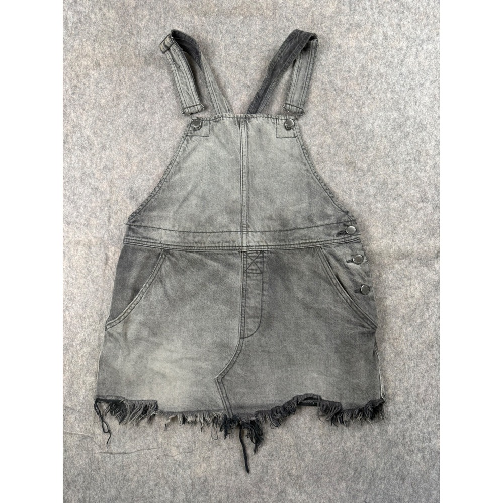 Free People Overall Dress Womens 6 Gray Cotton Denim Frayed Hem Grunge Boho Mini